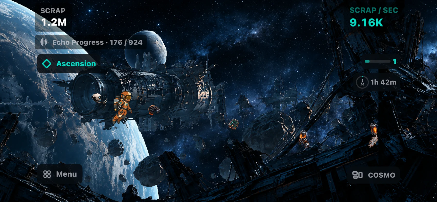 Idle Space Drifter gameplay: an astronaut salvaging scrap beside a wrecked station
