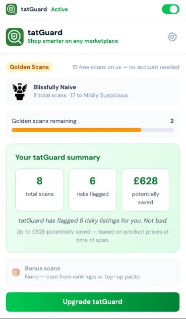 The tatGuard popup showing scans, risks flagged and money saved