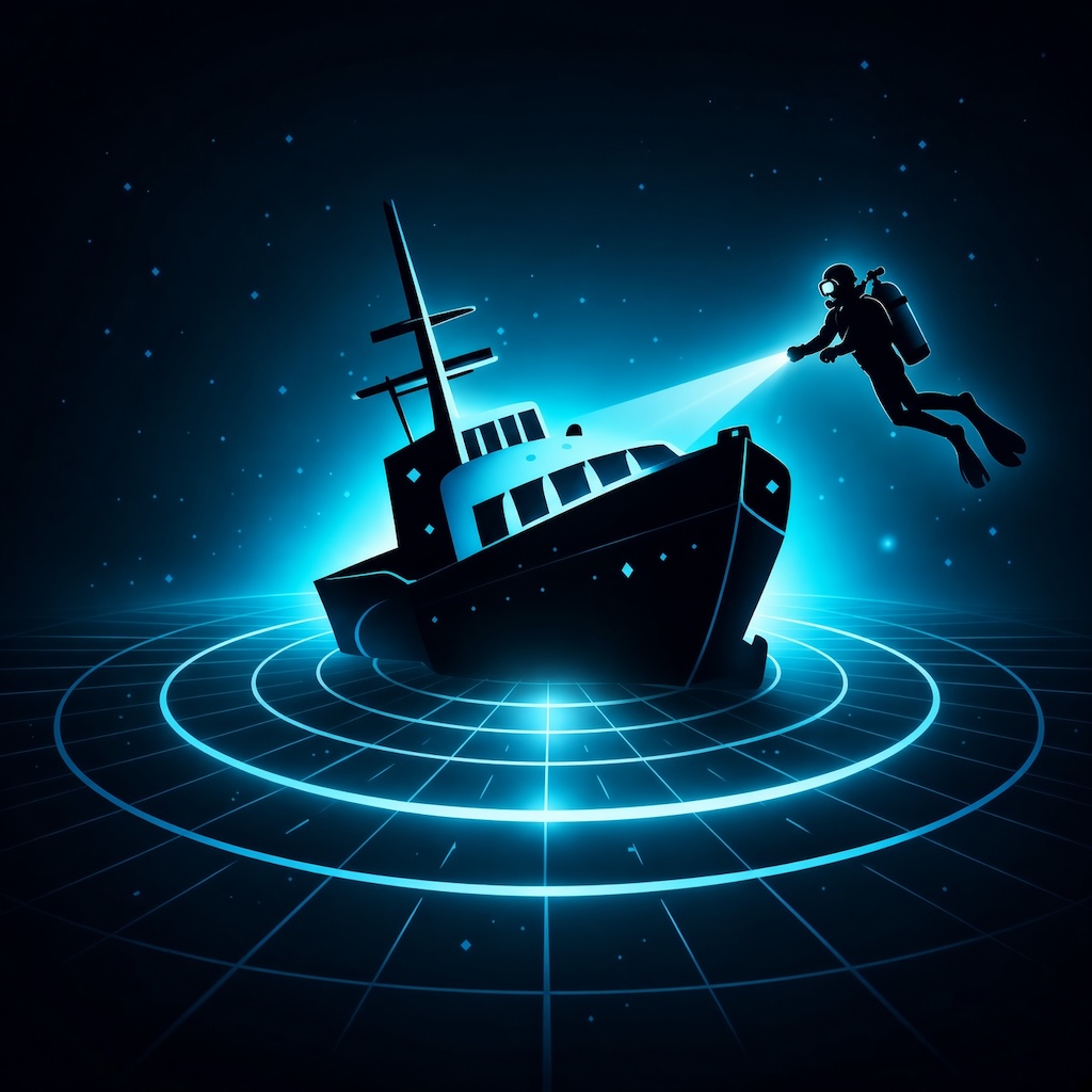 WreckAtlas app icon: a wreck on the seabed under a sonar grid, with a diver and torch